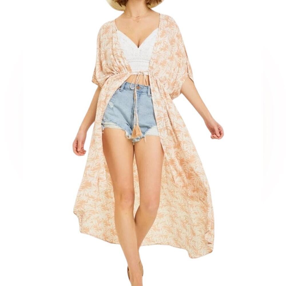 Heyson Tropical Pin Print Kimono with Waist Tie in Dusty Pink by Heyson Size 3XL